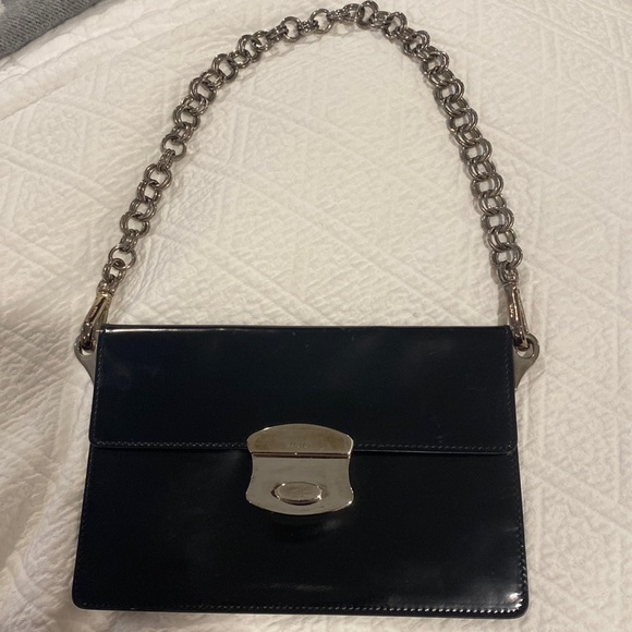Prada Handbags - PRADA SPAZZOLATTO POLISHED CALF MINI SILVER CHAIN LINK BAG BLACK